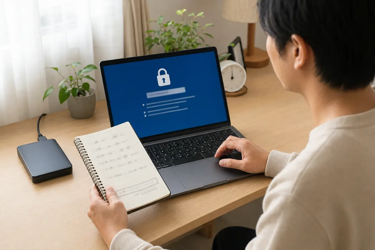 BitLocker回復キーをノートへ控える様子