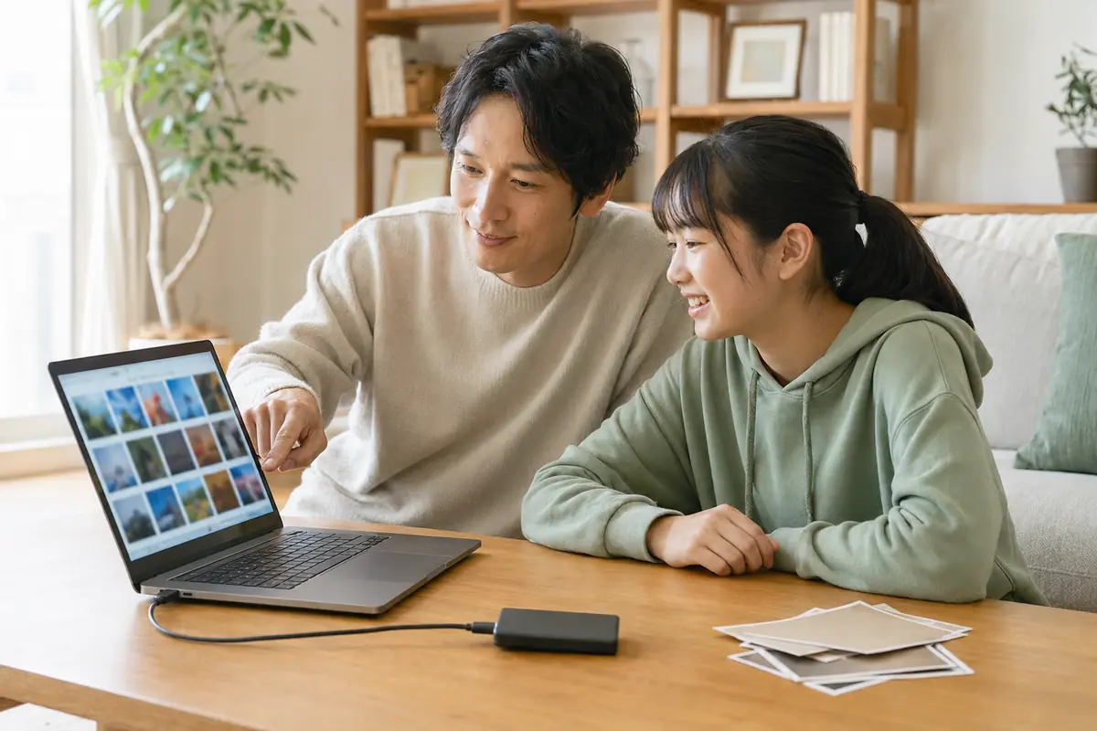 家族の写真を外付けSSDへバックアップする様子