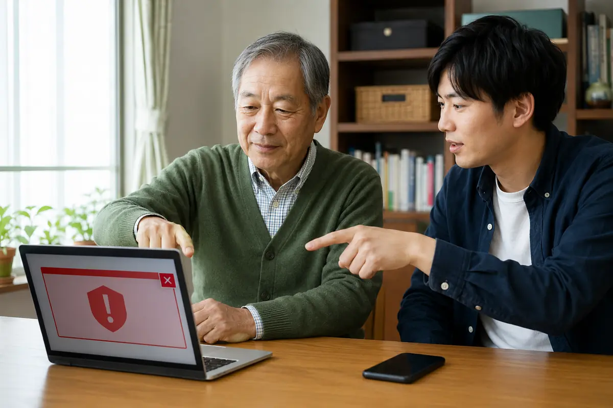 偽のウイルス警告を家族と確認する様子