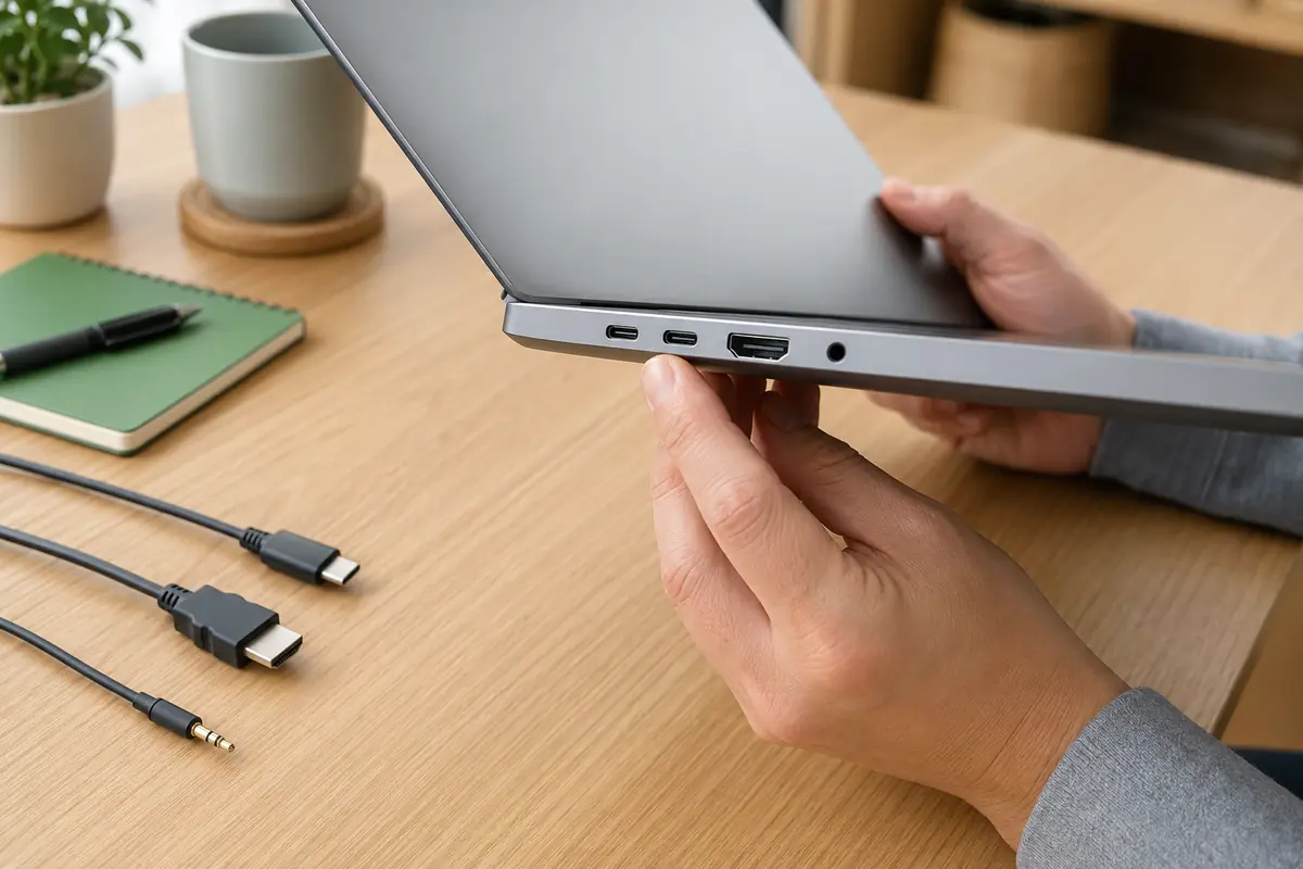 ノートパソコンのUSB-CとHDMI端子を確認する手元