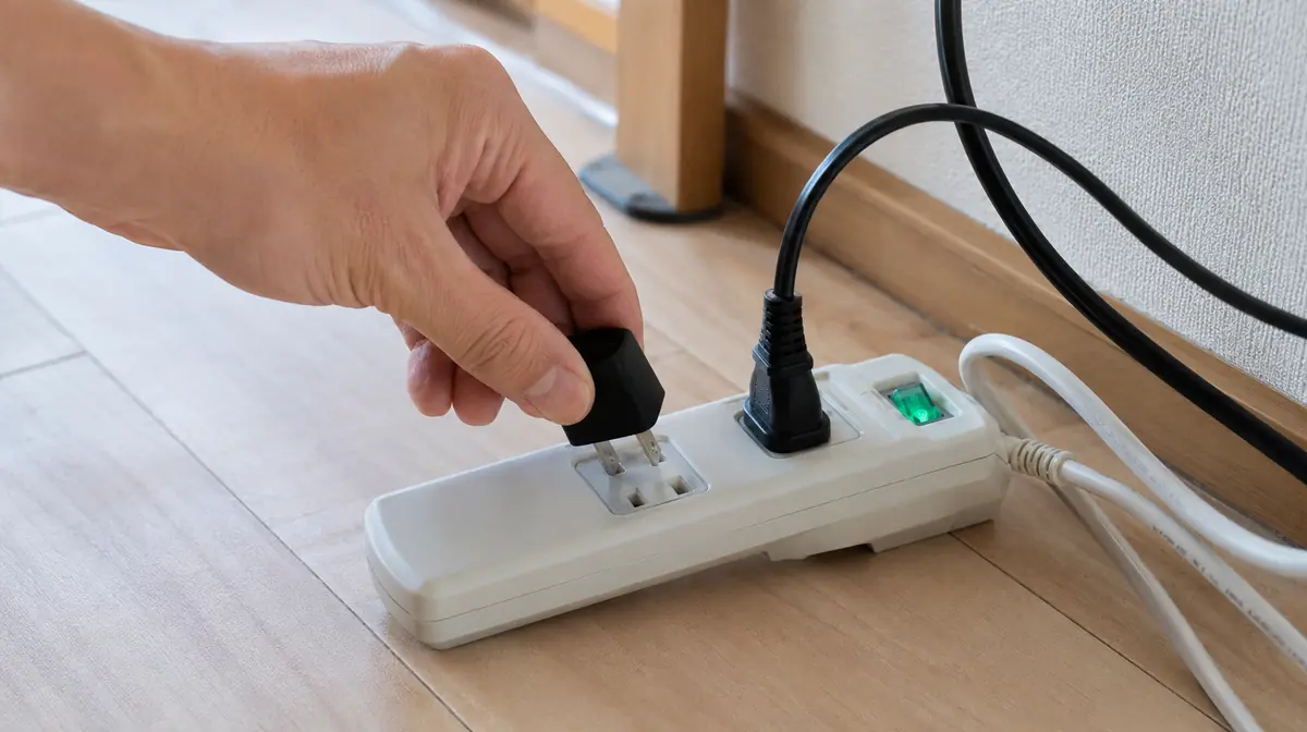 電源タップは別の口に挿し替えるか、壁のコンセントに直接挿して試します
