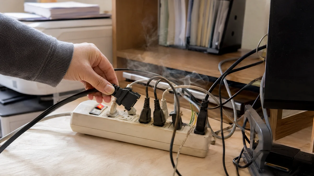 タコ足配線や古い電源タップは発熱の原因になります。異臭がしたらすぐにプラグを抜いてください