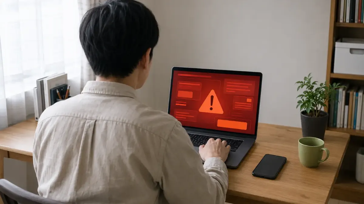 パソコンに表示された偽の警告画面を落ち着いて確認する利用者