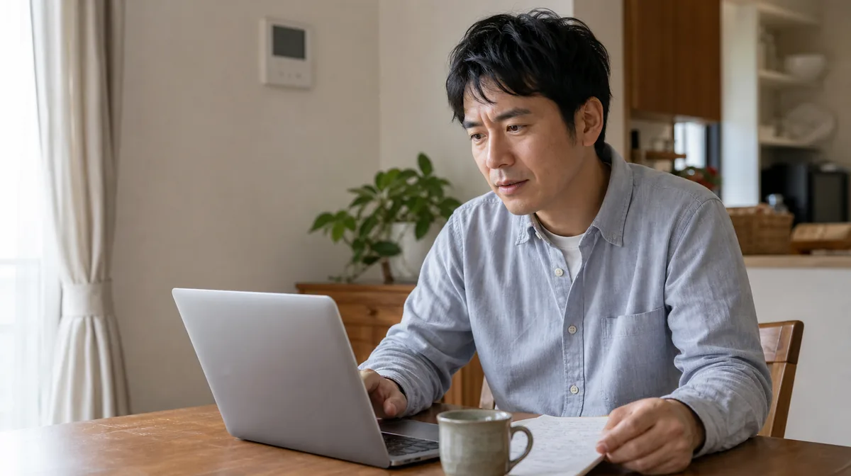 自宅でノートパソコンの画面を見ている男性