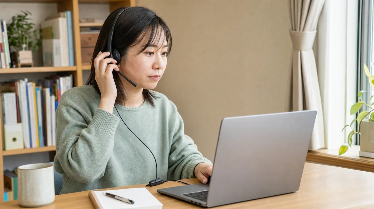 ヘッドセットを着けてパソコンで作業している女性