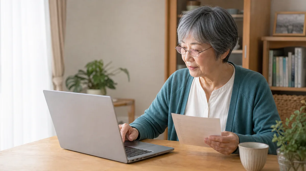 書類を見ながらパソコンの画面を確認しているシニア女性