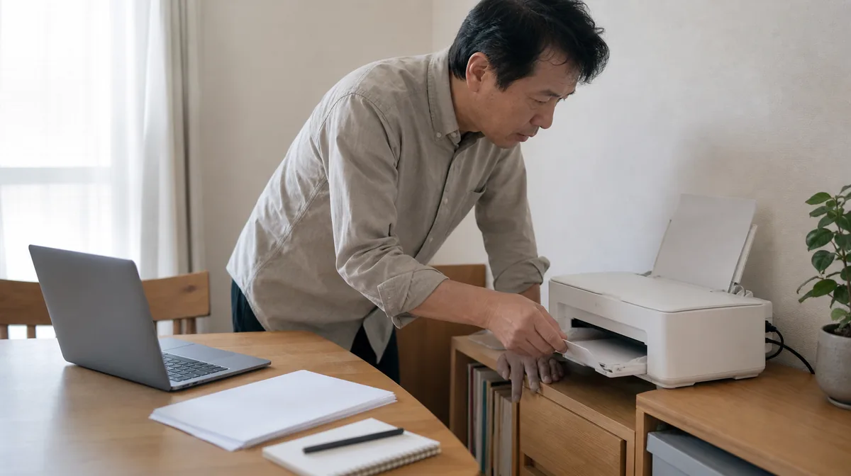 プリンターを設置して接続を確認している男性