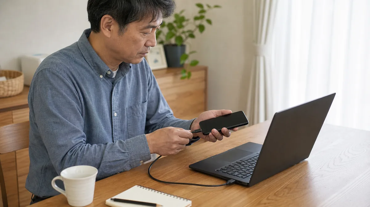 ノートパソコンに充電ケーブルをつなぎ、手元の機器を確認する男性