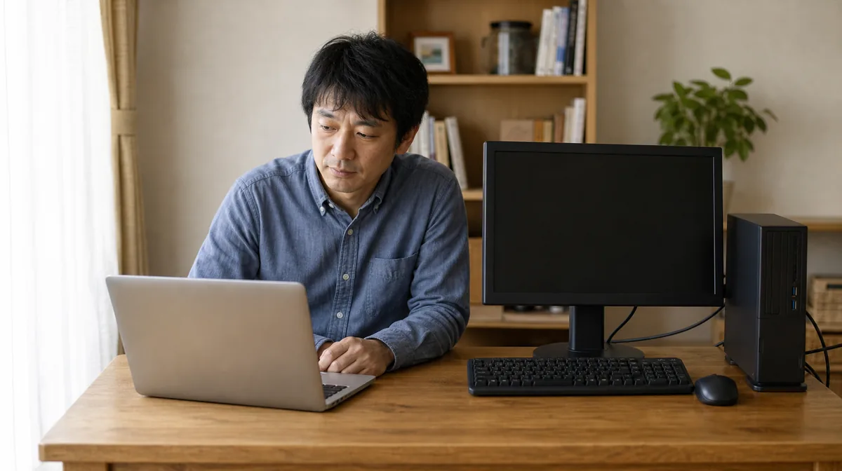 デスクトップとノートパソコンを並べて使っている男性