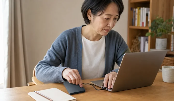 ノートパソコンと書類を前に話をしながら考えている様子