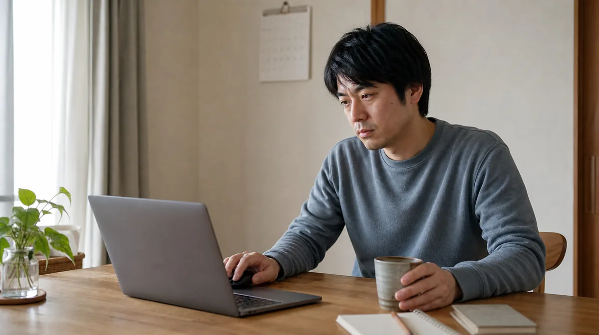 自宅でノートパソコンのログイン画面を操作している男性