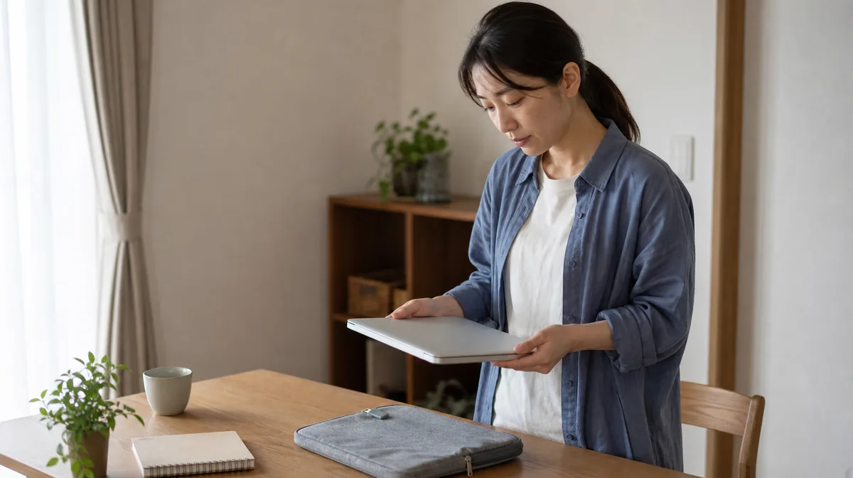ノートパソコンを開いて持っている女性