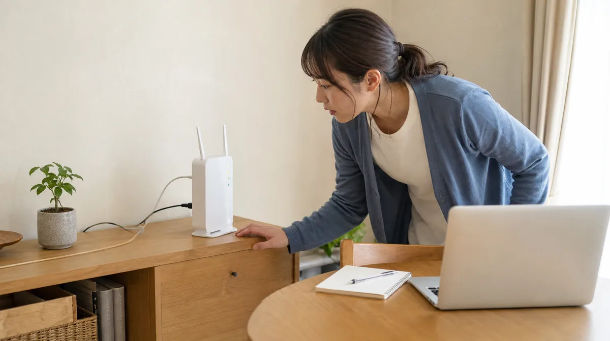 Wi-Fiルーターに手を伸ばす人とノートパソコン