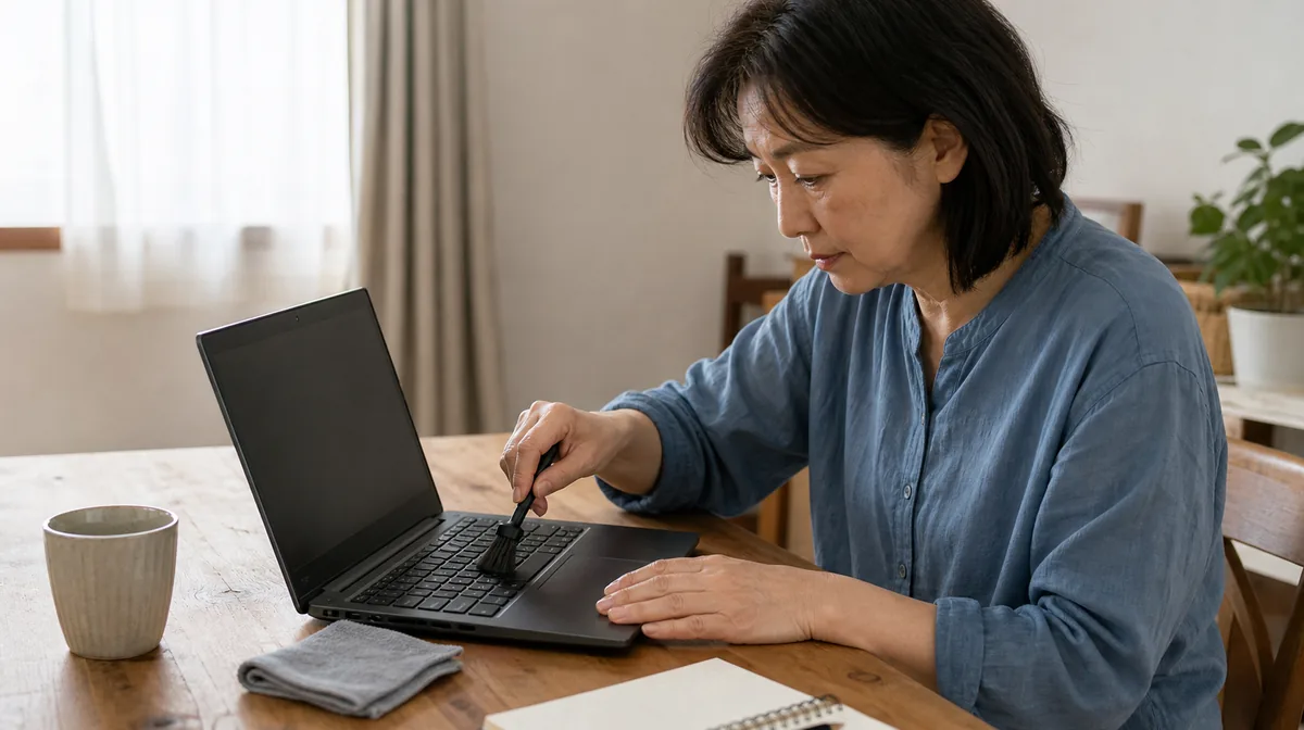 ノートパソコンの通気口まわりを手入れしている女性