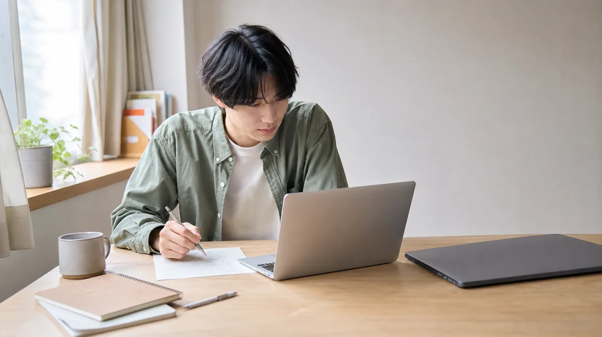 ノートを取りながらパソコンを使っている若い男性