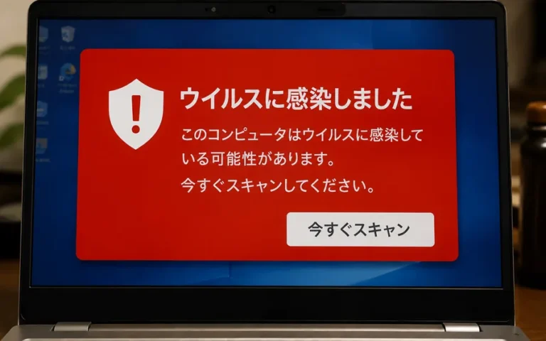 画面に警告が表示されているパソコン