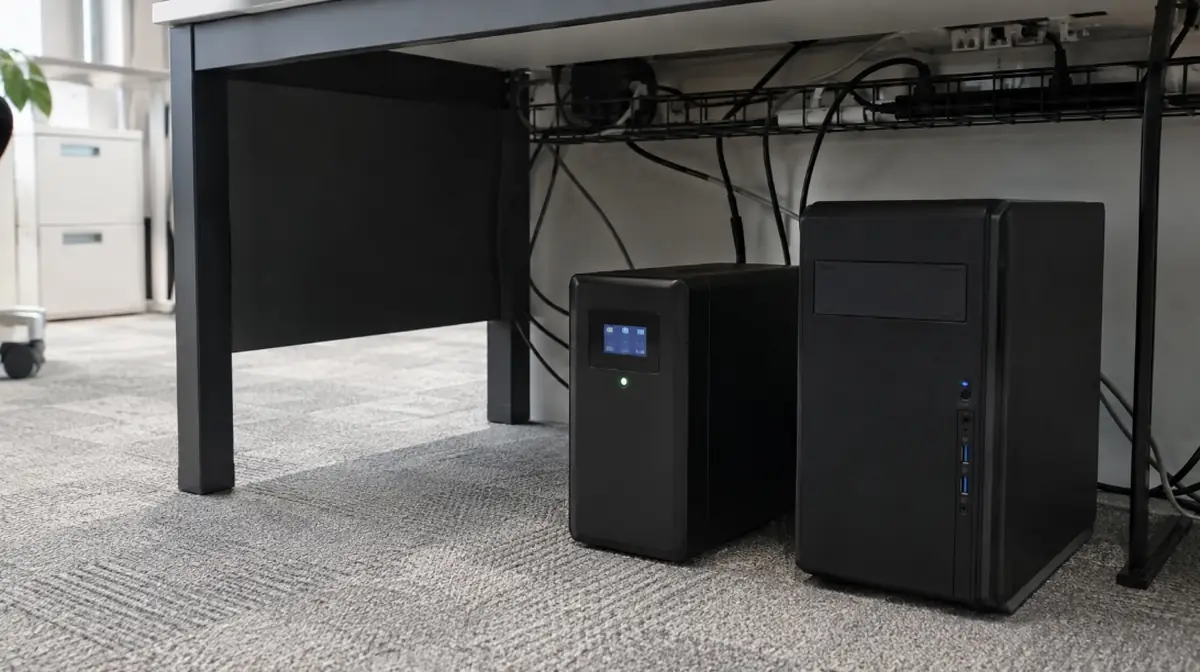 事務所の机の下、デスクトップパソコンの脇に置かれたUPS(無停電電源装置)