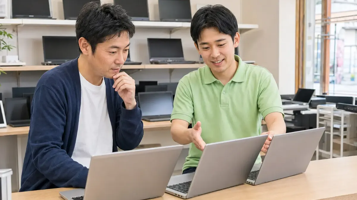 中古パソコン専門店でスタッフに相談しながら商品を比較する様子