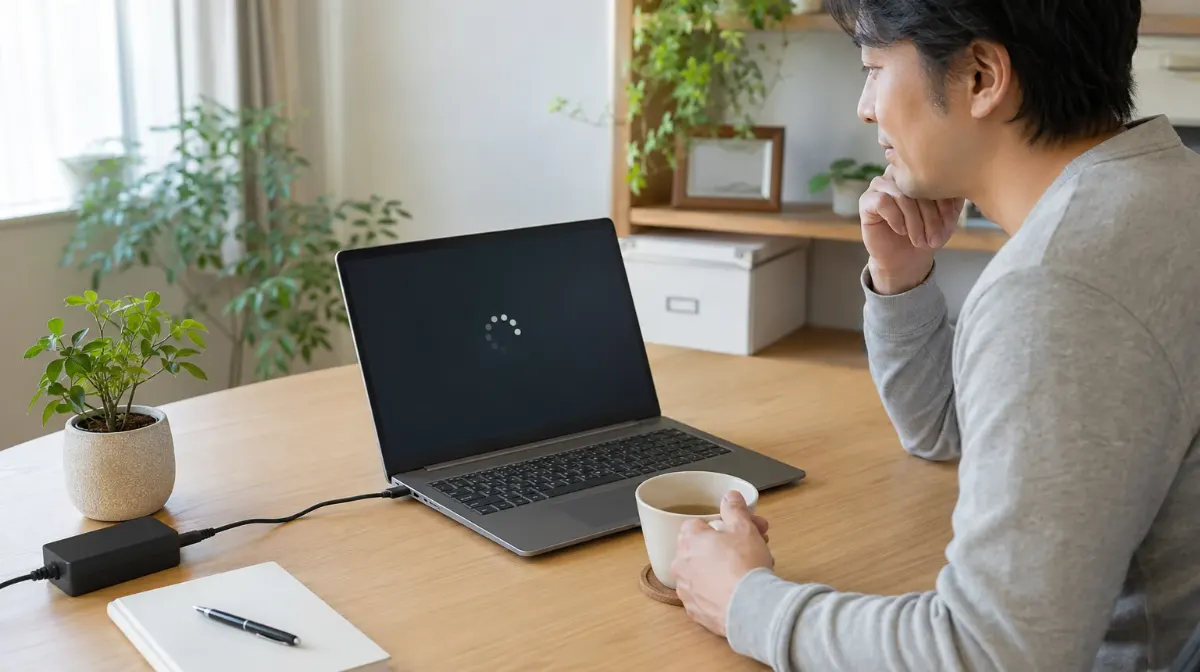電源につないだパソコンの更新完了を待つ利用者