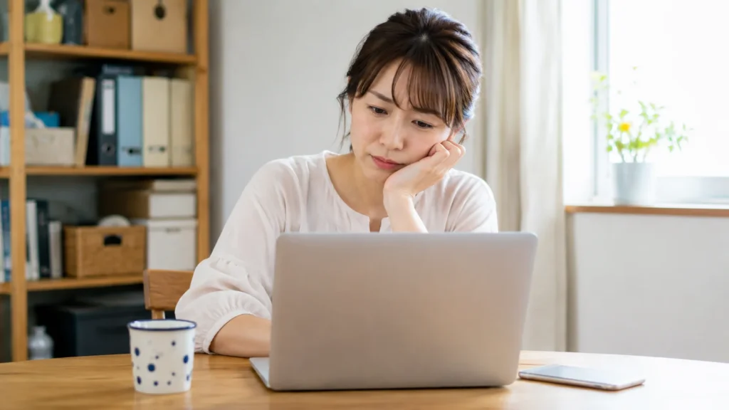 ノートパソコンに向かって考えている人