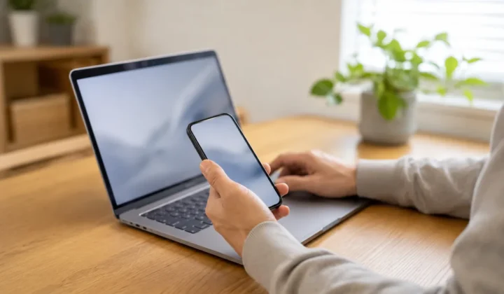 ノートパソコンの横でスマートフォンを操作し、通信の状態を確かめているところ