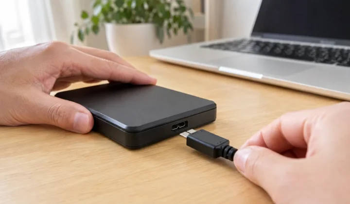 外付けハードディスクにケーブルをつないでデータを取り出そうとしているところ