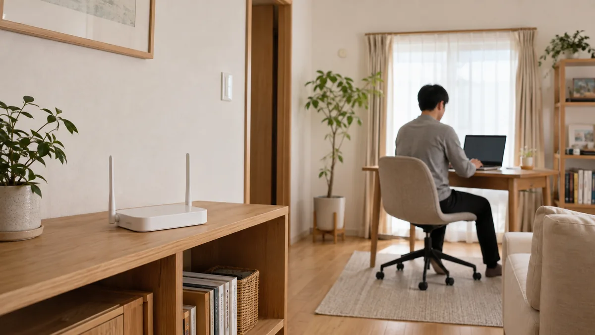 部屋の手前に無線ルーターがあり、離れた机でノートパソコンを使っている様子