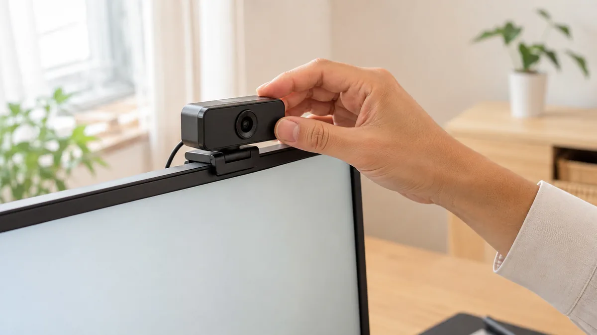 外付けのWebカメラは、いったん取り外してから画面の上部に付け直し、USBを挿し直します。