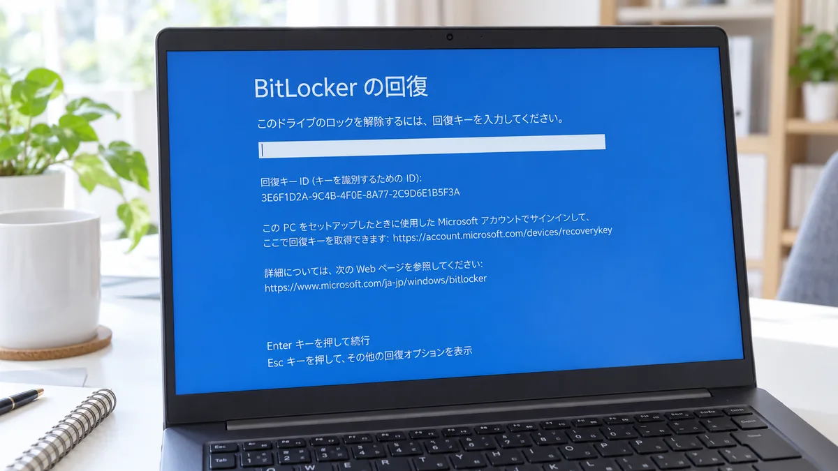 この画面に出ている「回復キー ID」を、スマートフォンで撮っておきます。