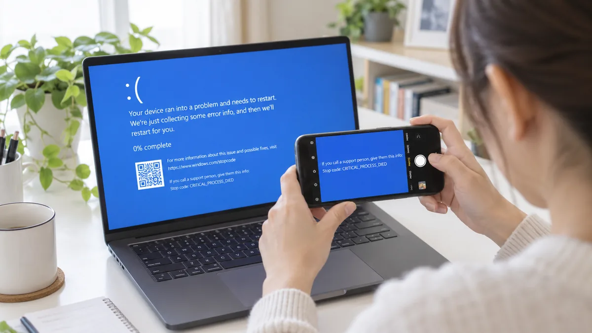 青い画面が出たら、消える前に停止コードごとスマートフォンで撮影しておきます。