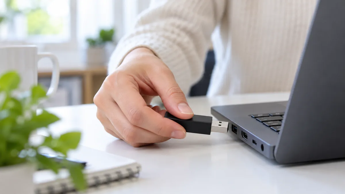 USBメモリやレシーバーなど、外付けの機器はいったんすべて抜いてから起動します。