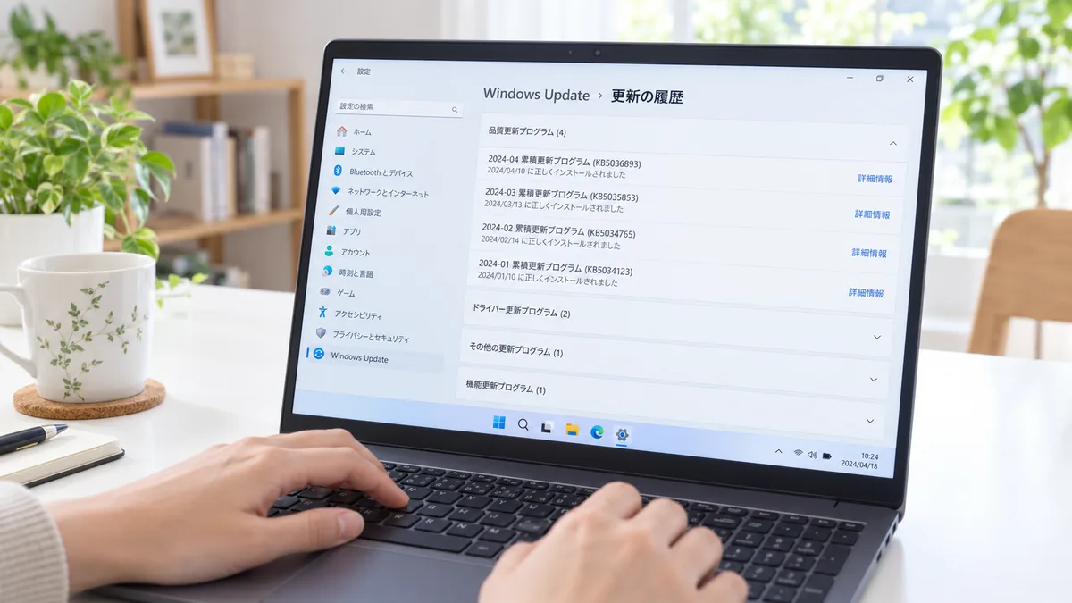 設定の「Windows Update ＞ 更新の履歴」で、直前に何が入ったのかを確認します。