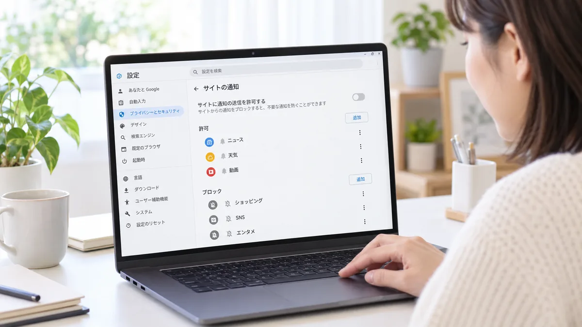ブラウザーの設定から「サイトの通知」を開き、許可しているサイトを切ります。