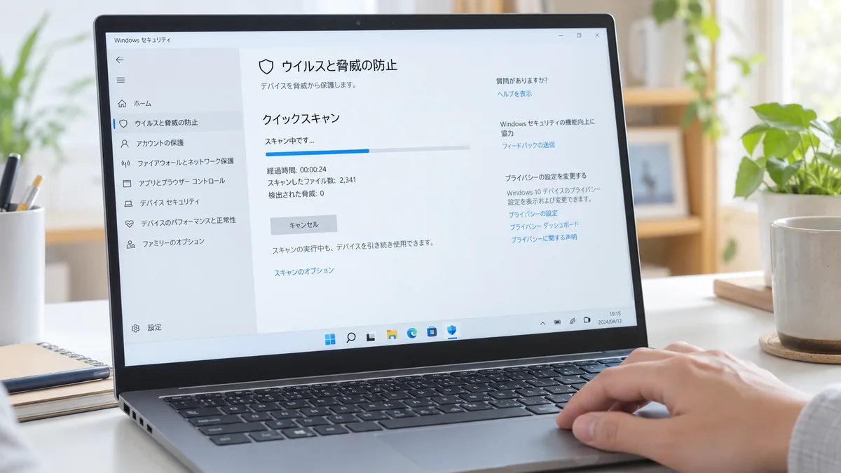 Windows セキュリティの「ウイルスと脅威の防止」から、クイックスキャンをかけます。