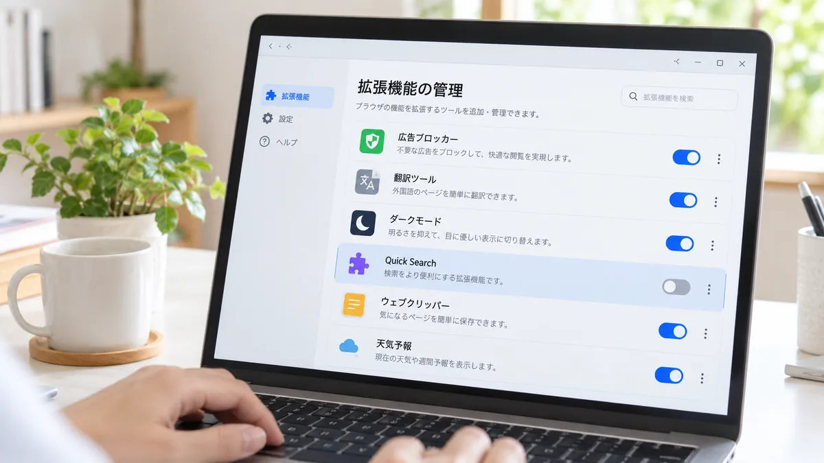 ブラウザーの拡張機能を開き、心当たりのないものが入っていないかを見ます。