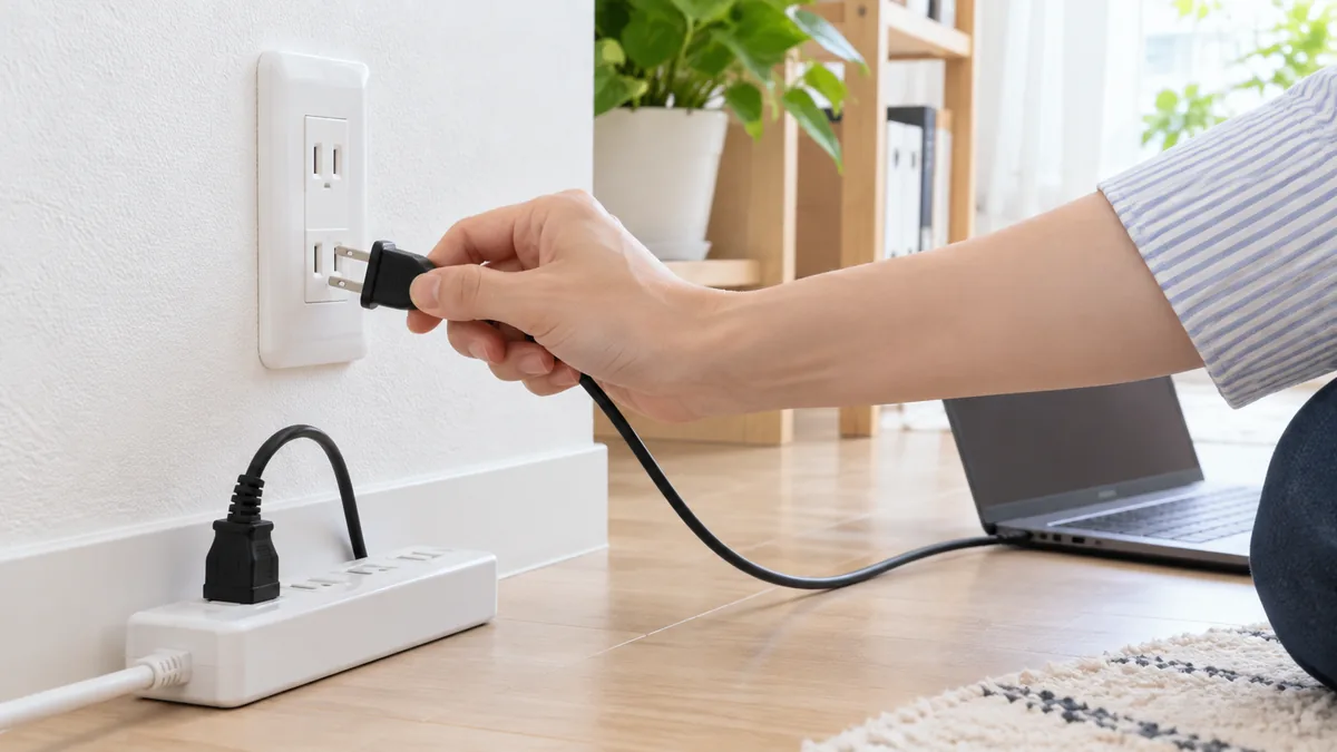 壁のコンセントに直接挿し替えて、電源タップ側の不具合を切り分けます。