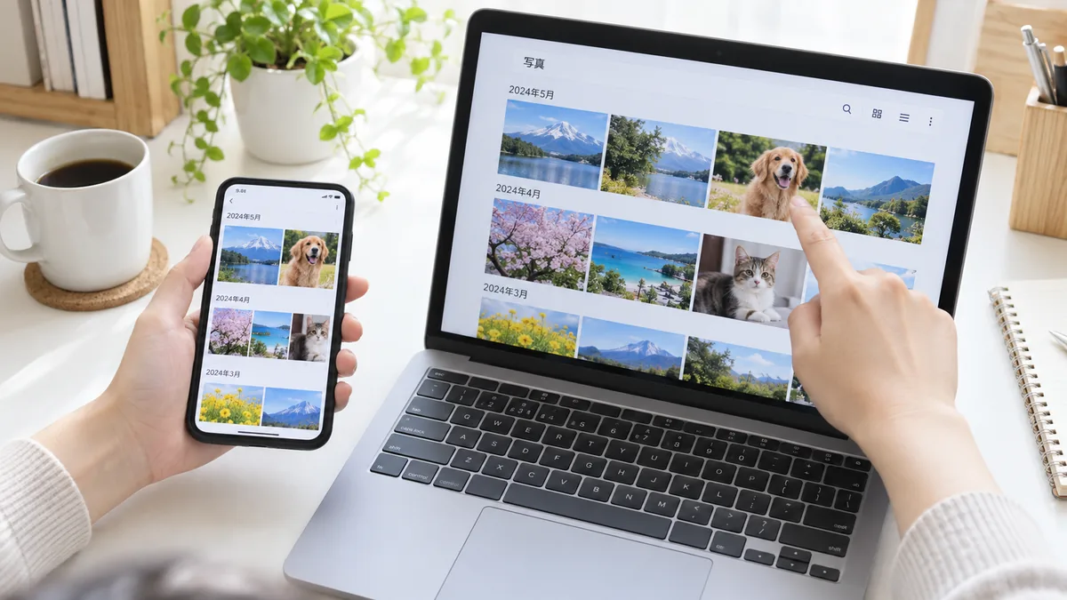 スマートフォン側に同じ写真が残っていないか、並べて見比べます。