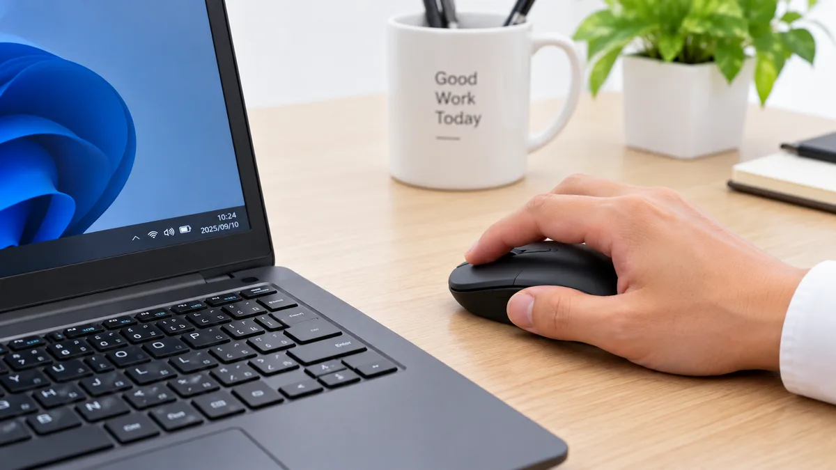 Windows 11のデスクトップを開いたノートパソコンをマウスで操作しているところ